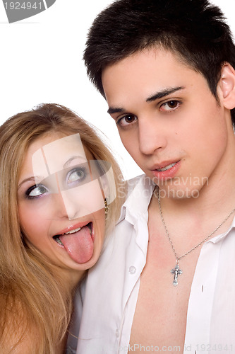 Image of Young man and funny girl. Isolated