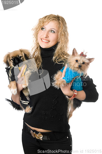 Image of Portrait of happy young blonde with two dogs