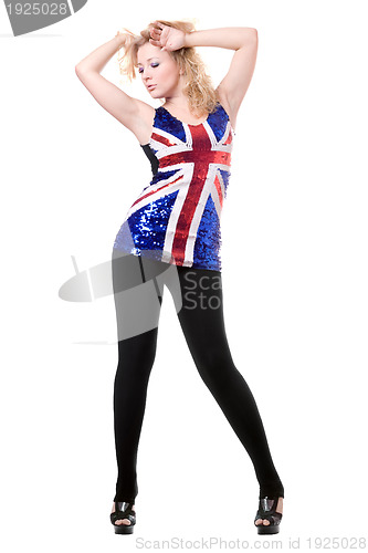 Image of woman posing in union-flag shirt