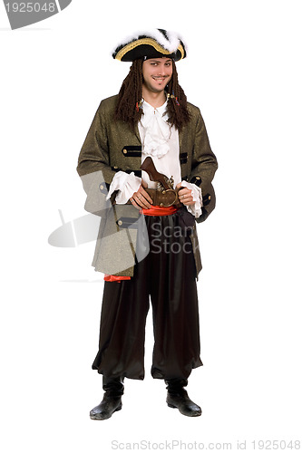 Image of young man in a pirate costume with pistol