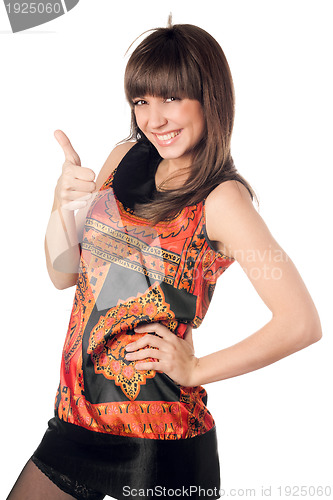 Image of young caucasian woman giving thumb