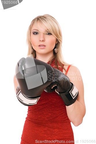 Image of Beautiful blond girl in  boxing gloves