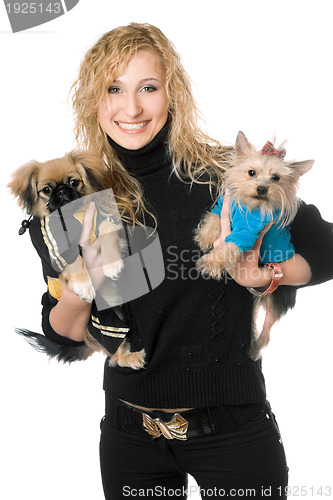 Image of Portrait of joyful young blonde with two dogs