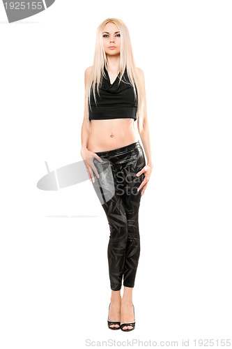 Image of Beautiful young blonde in black leggings