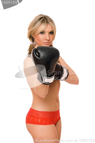 Image of Playful blond lady in boxers gloves