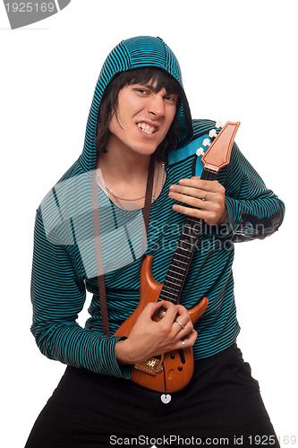 Image of Crazy man with a little guitar. Isolated