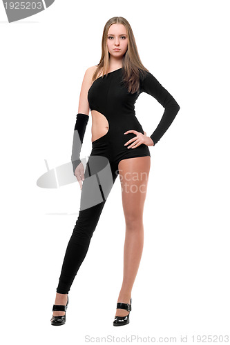 Image of Sexy young woman in skintight black costume