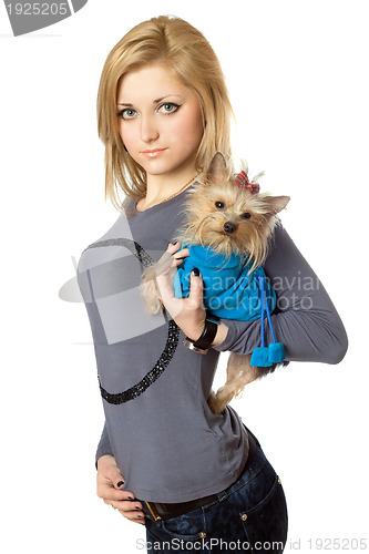 Image of Beautiful blonde posing with puppy. Isolated