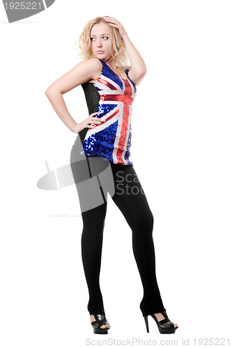 Image of sexy woman posing in union-flag shirt