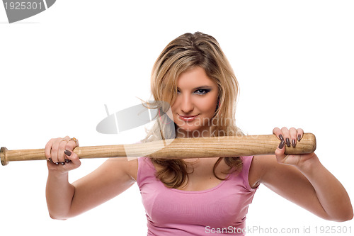 Image of Closeup portrait of young woman with a bat