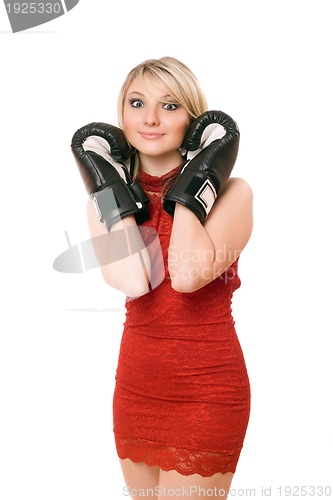 Image of Charming blond lady in boxing gloves