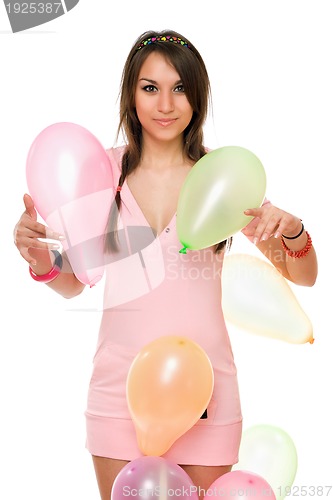 Image of Beautiful sexy brunette woman with balloons
