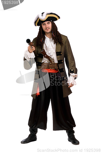 Image of Young man in a pirate costume with pistol