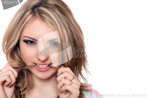 Image of Closeup portrait of passionate young blonde. Isolated 