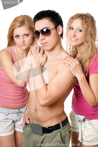 Image of Two pretty blond women with young man