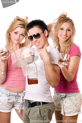 Image of Cheerful young people with a bottle 