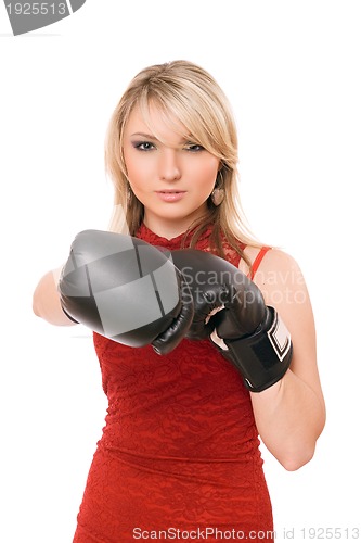 Image of Beautiful blond lady in boxing gloves