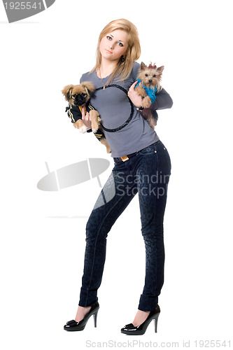 Image of Pretty blonde posing with two dogs