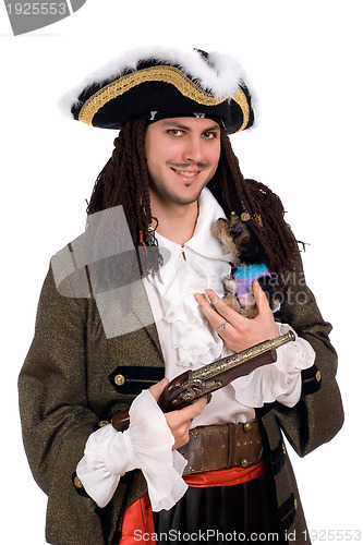 Image of man in a pirate costume with small dog