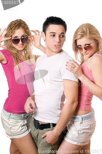 Image of two happy blonde women with handsome young man