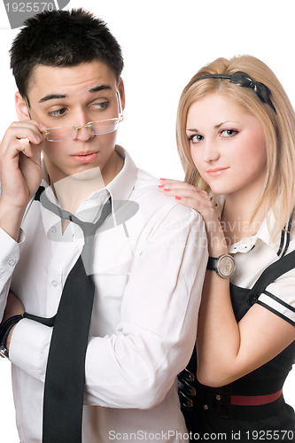 Image of Funny playful student pair. Isolated