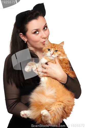 Image of Portrait of young woman with a red cat
