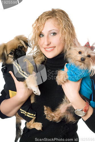 Image of Portrait of smiling beautiful blonde with two dogs. Isolated