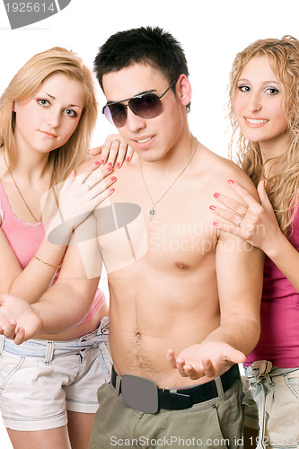 Image of Two happy pretty blonde women with young man