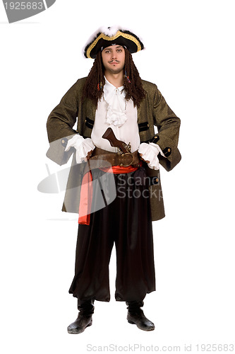 Image of man in a pirate costume with pistol. Isolated