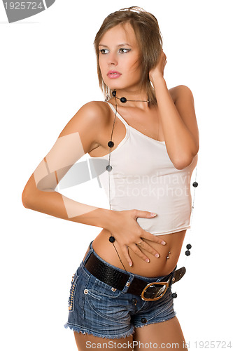 Image of Portrait of charming girl in a white top 