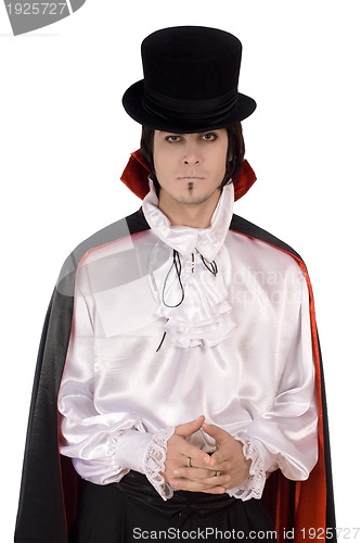 Image of Young man in a suit of Count Dracula
