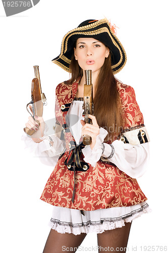 Image of pretty woman with guns dressed as pirates