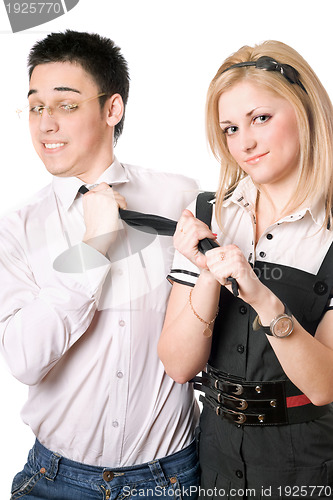 Image of Portrait of pretty funny student pair. Isolated