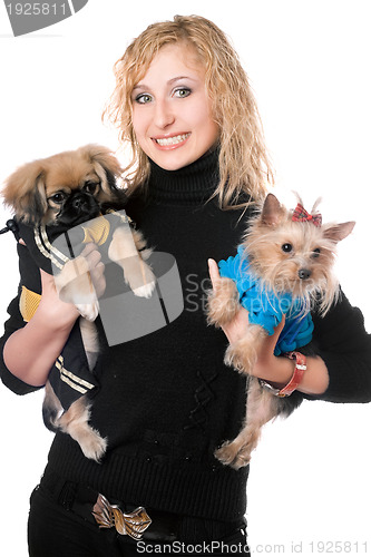 Image of Portrait of smiling pretty young blonde with two dogs