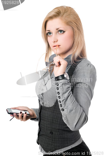 Image of Portrait of pretty young blonde with smartphone. Isolated