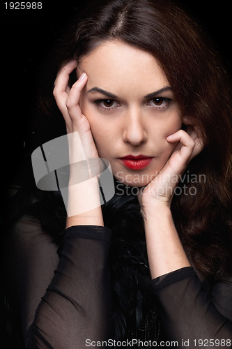 Image of Closeup portrait of mysterious young woman. Isolated