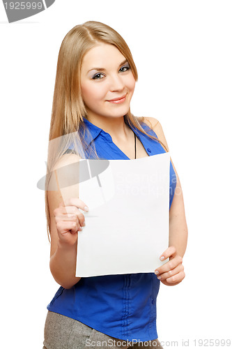 Image of Lovely young woman holding empty white board