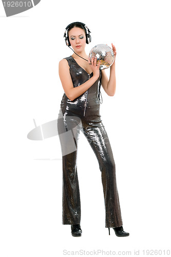 Image of Beautiful brunette with a mirror ball