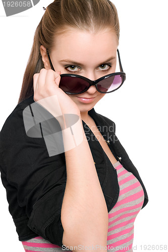 Image of Portrait of pretty young woman in sunglasses