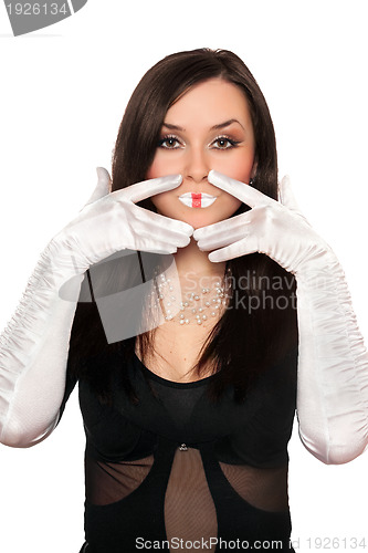 Image of Young attractive brunette gesturing. Isolated