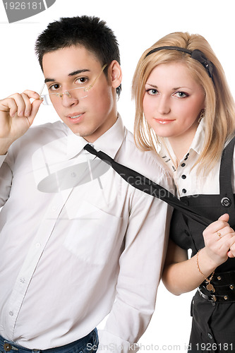 Image of Portrait of smiling playful student pair. Isolated