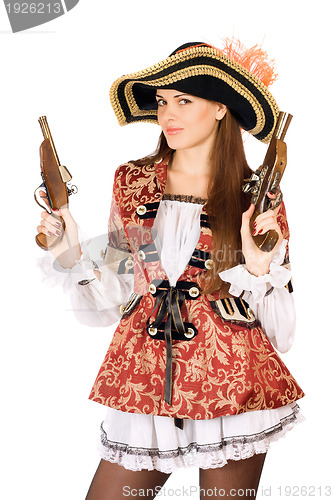 Image of attractive woman with guns dressed as pirates