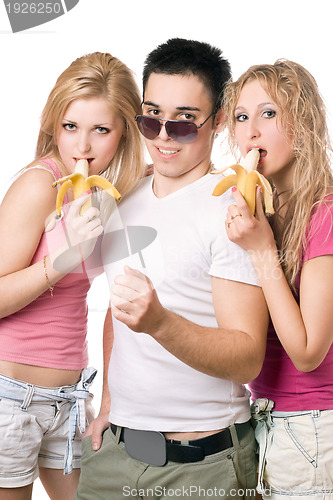 Image of Portrait of three playful smiling young people