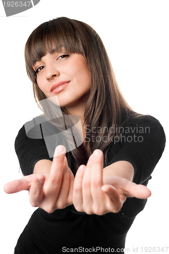 Image of Playful brunette posing in black dress