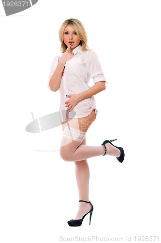 Image of Appealing blond girl in white stockings