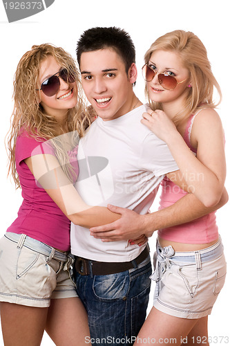 Image of two cheerful women and handsome young man