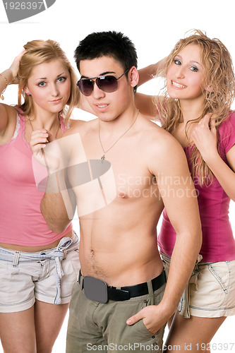 Image of Portrait of a two beautiful blonde women with young man