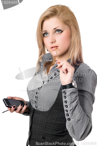 Image of Portrait of attractive young blonde with smartphone. Isolated