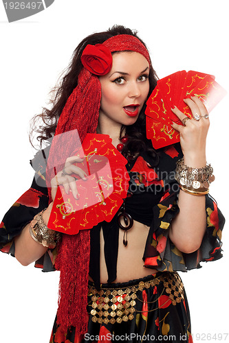 Image of Portrait of sensual gypsy woman with cards