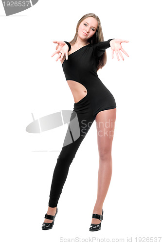 Image of Smiling young woman in skintight black costume